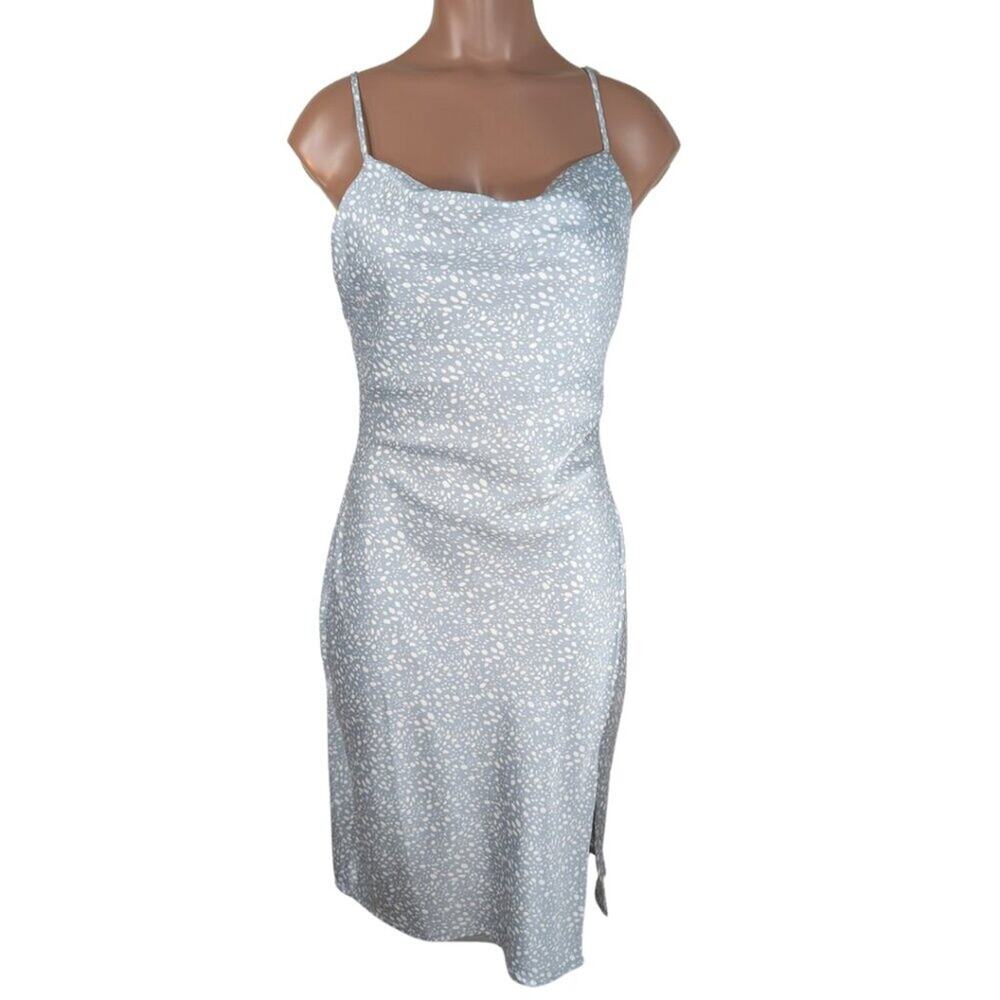 Forever 21 Small NWT Silky Satin Blue Gray Polka Dot Strappy Open Back Dress